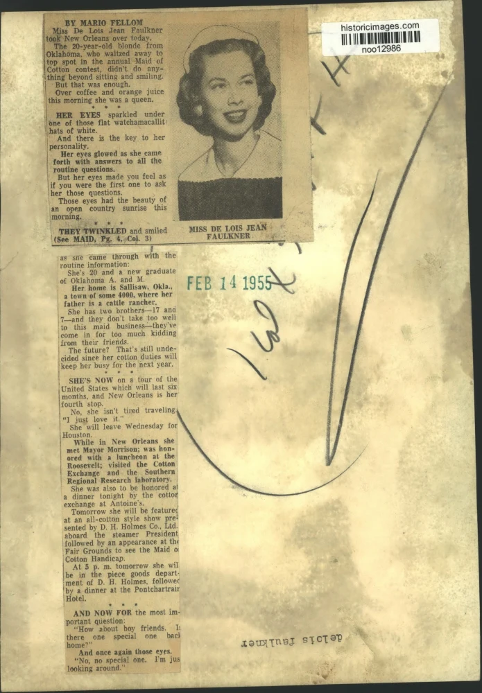 1955 Press Photo Miss De Lois Jean Faulkner, Maid of Cotton contest winner - Image 2