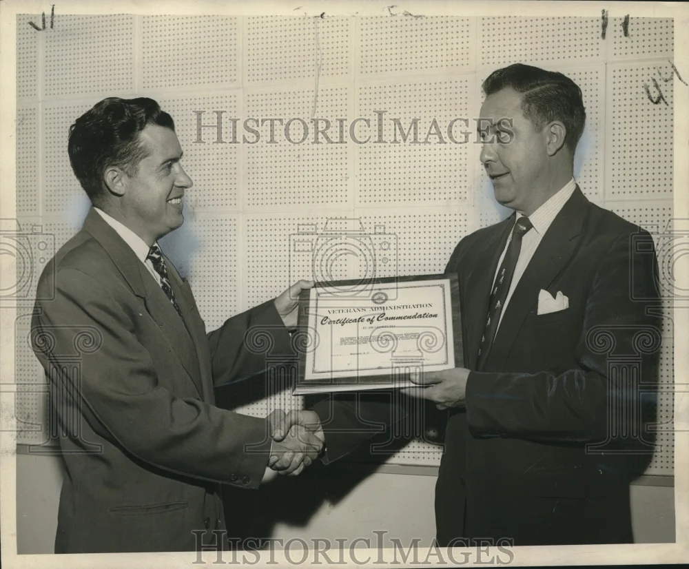 1956 Press Photo Joseph Finley receives certificate from Charles Banks
