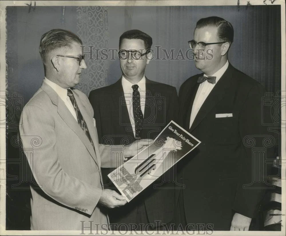 1955 Press Photo Members of Speakers' Bureau Review United Fund Campaign Poster