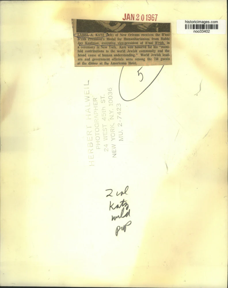 1967 Press Photo Label A. Katz of New Orleans is honored by B'nai B'rith - Image 2