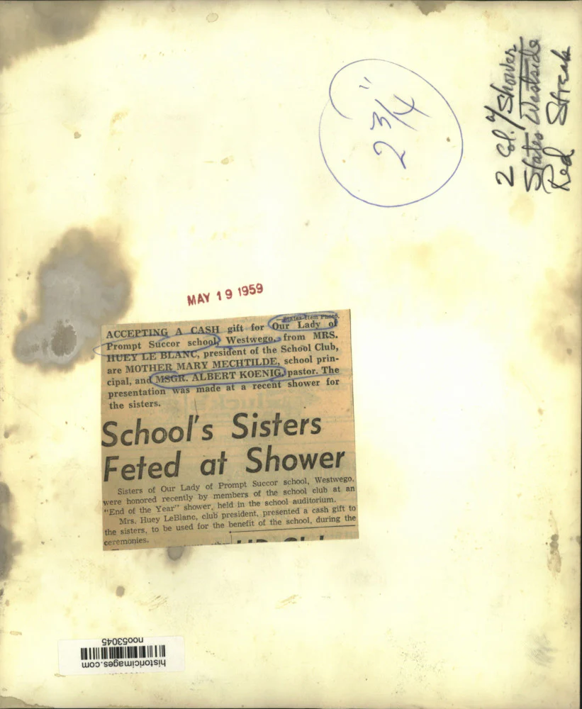 1959 Press Photo Our Lady of Prompt Succor school receiving donations - Image 2