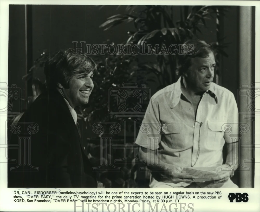 1977 Press Photo Dr. Carl Eisdorfer with Host Hugh Downs on "Over Easy"