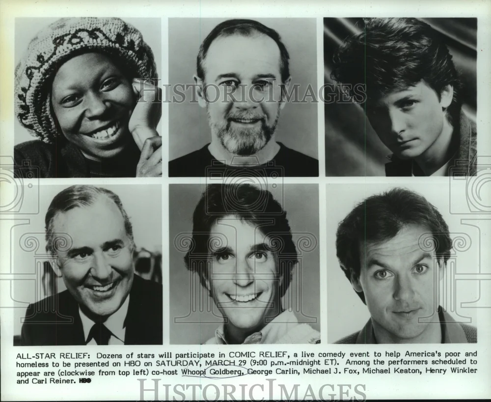 1986 Press Photo Whoopi Goldberg and other cast of "Comic Relief" - nop30572