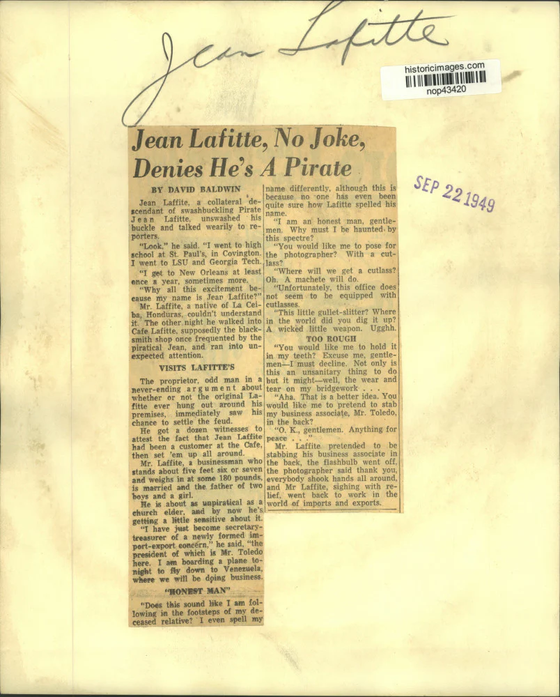 1949 Press Photo Businessman Jean Lafitte Denies He's A Pirate - nop43420 - Image 2