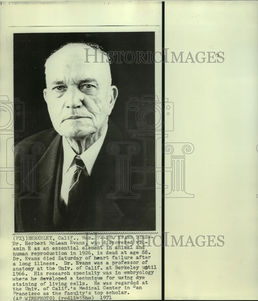 1971 Press Photo Dr. Herbert Evans, discovered Vitamin E as essential element