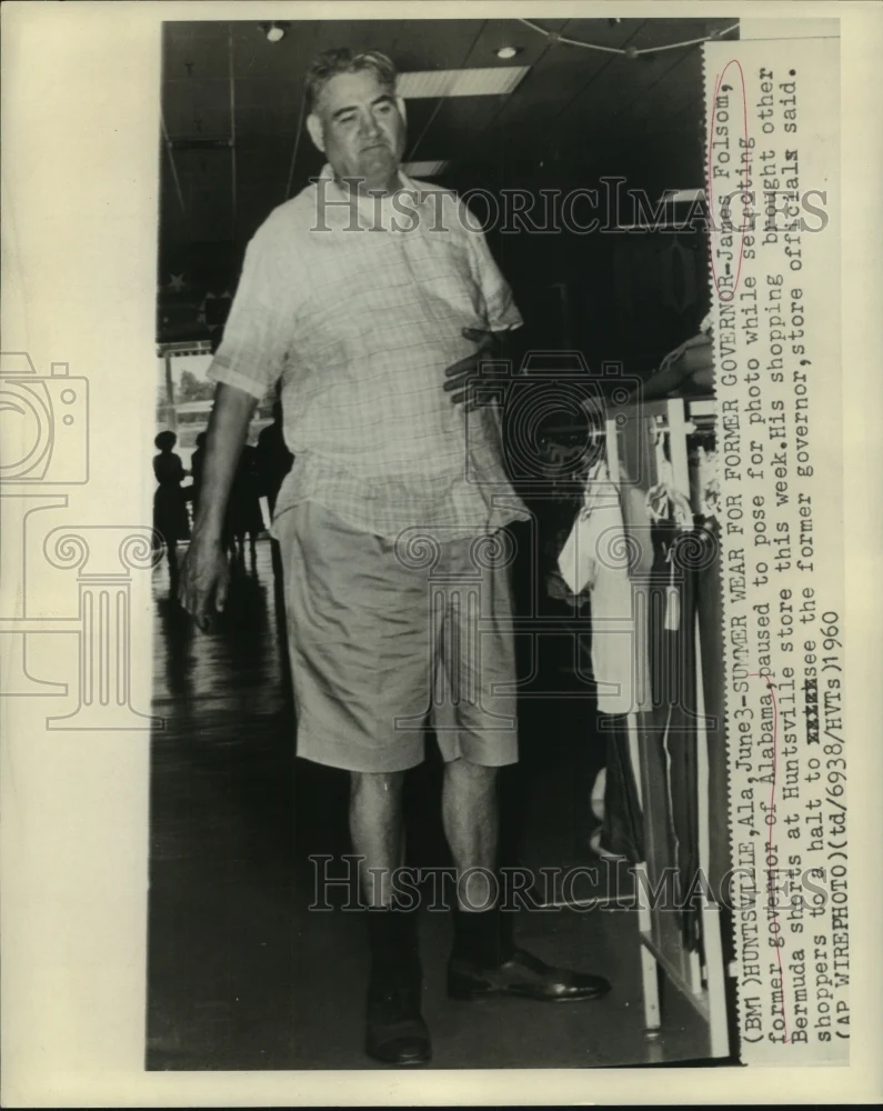 1960 Press Photo Former Alabama Governor James Folsom models Bermuda shorts.