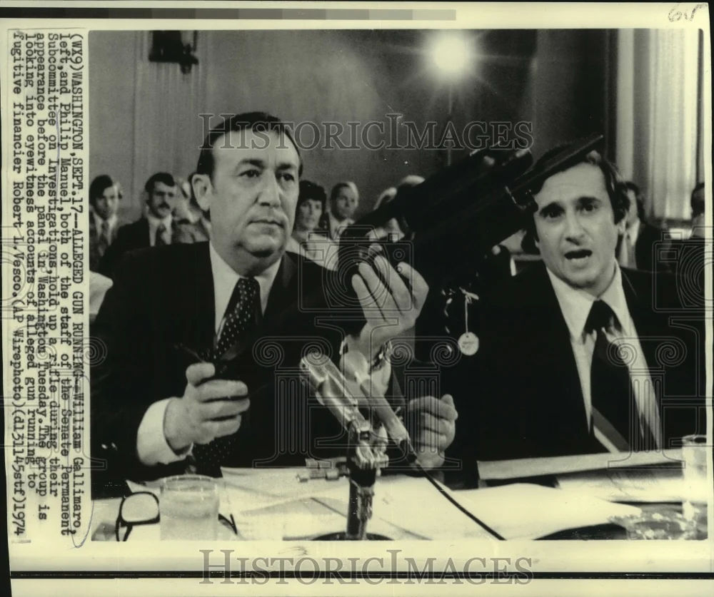 1974 Press Photo William Gallimaro & Manuel with rifle at Senate Investigation