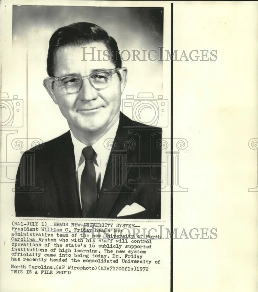 1972 Press Photo President William C. Friday heads new university system of NC