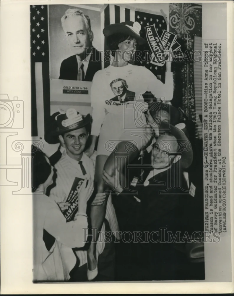 1963 Press Photo Anne Pidcoo given boost as Young Republicans support Goldwater