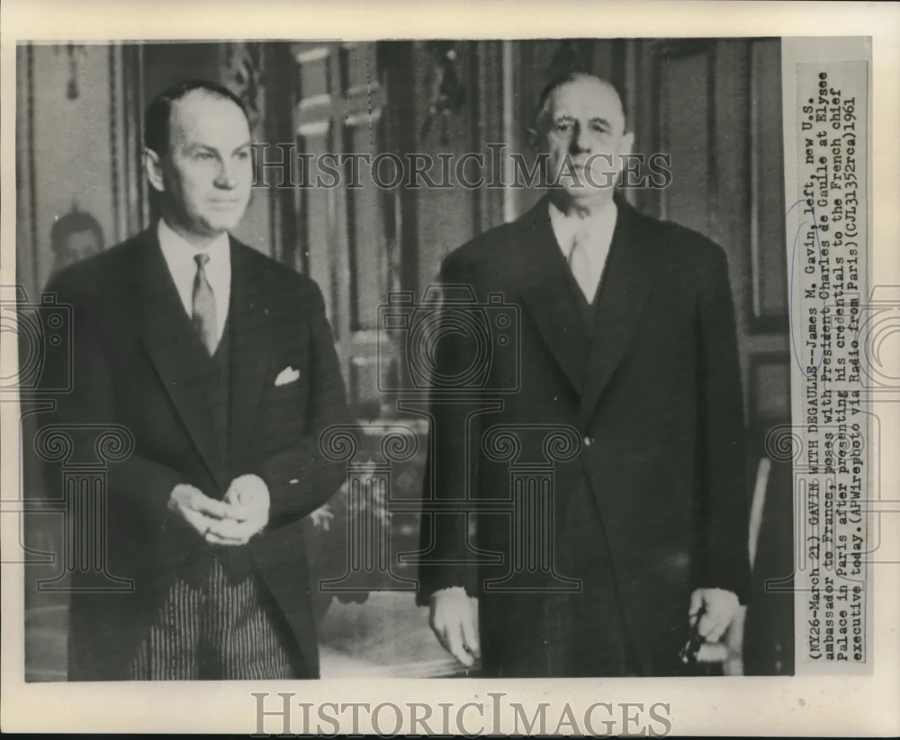 1961 Press Photo Ambassador to France, James Gavin & President de Gaulle talk