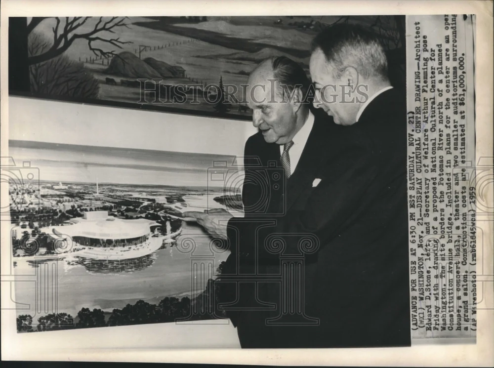 1959 Press Photo National Cultural Center drawing viewed by Stone & Flemming