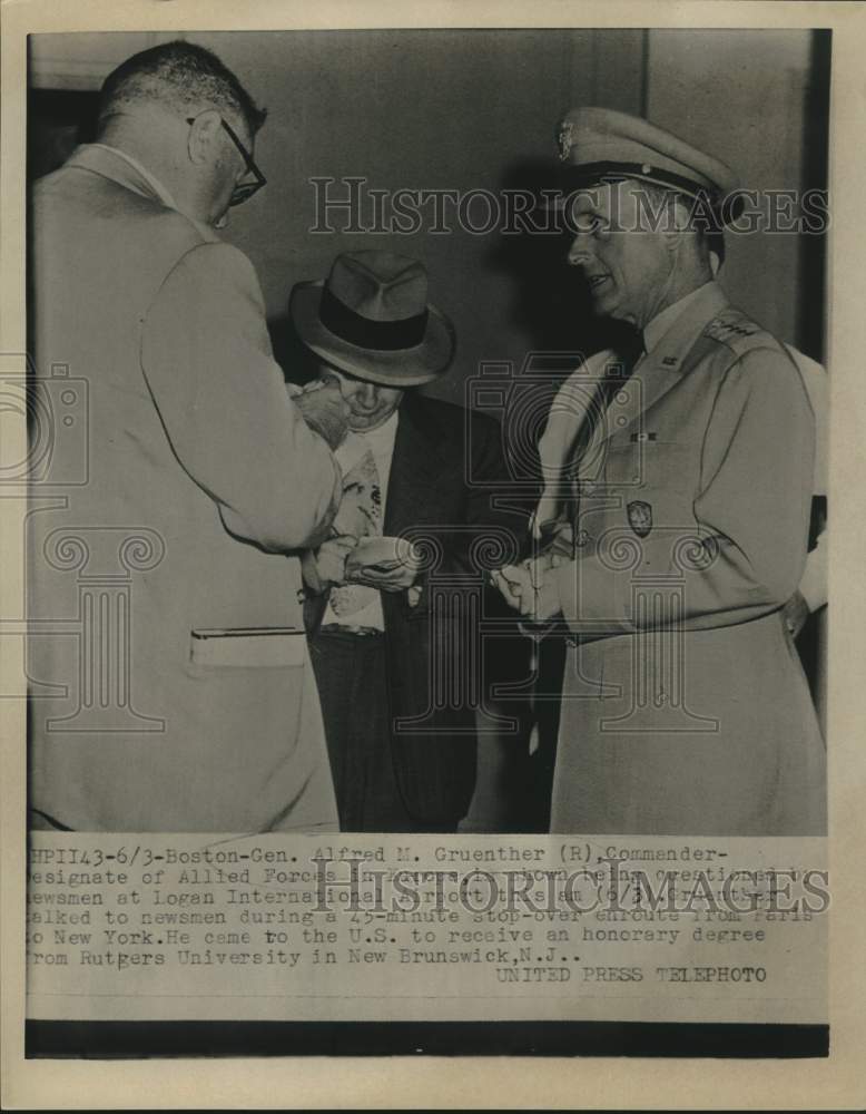 1963 Press Photo General Alfred Gruenther with newsmen at Logan Airport, Boston