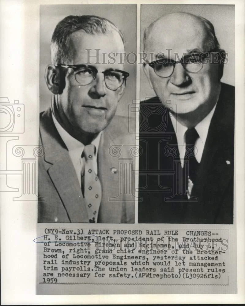 1959 Press Photo H.E. Gilbert & Guy Brown of Brotherhood of Locomotive Engineers