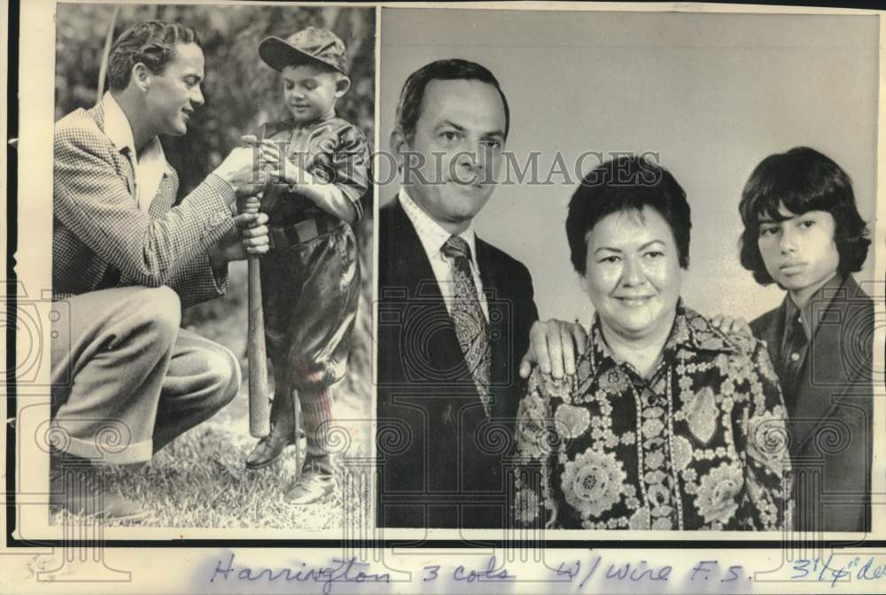 1974 Press Photo Neal Harrington in 1936 with Buddy Rogers & 1974 with family