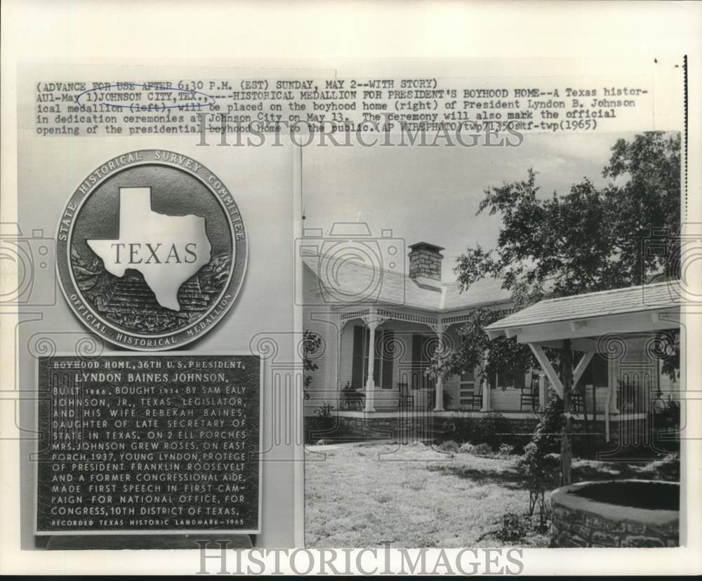 1965 Press Photo Historical medallion for President Johnson's boyhood home in TX