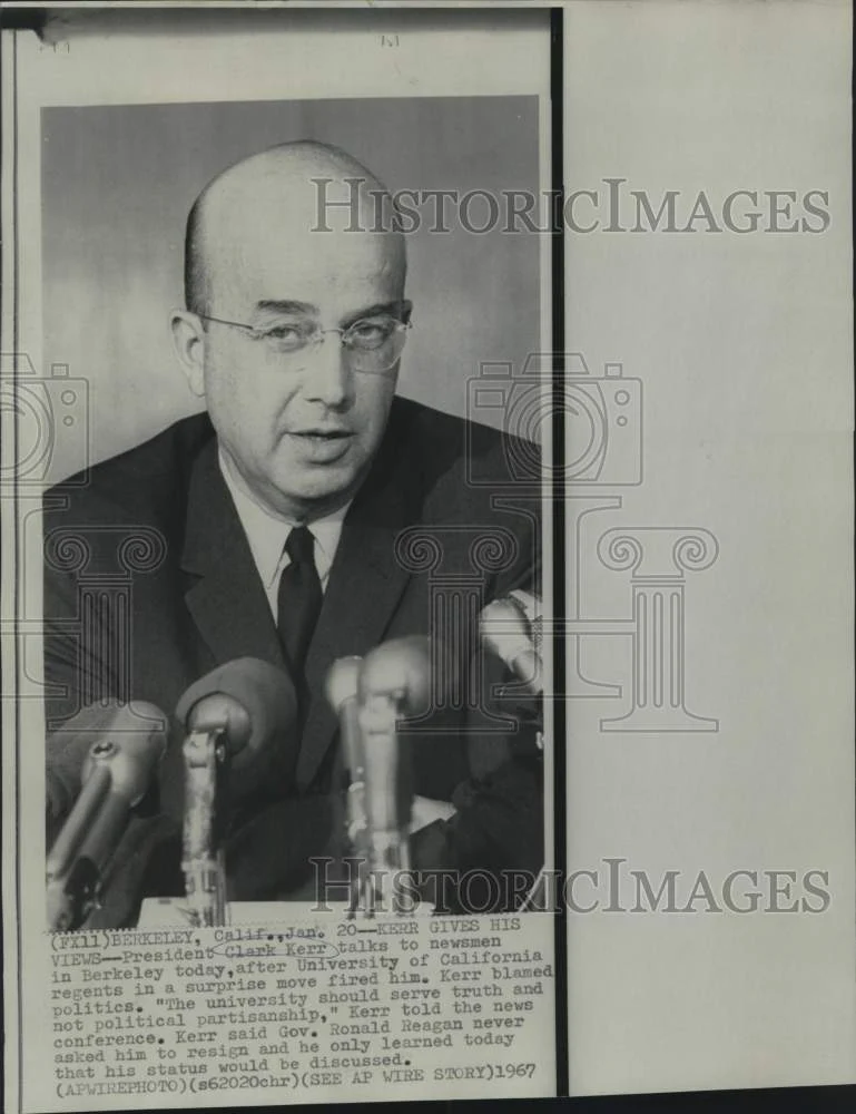 1967 Press Photo Clark Kerr, fired UCA President, at California news conference