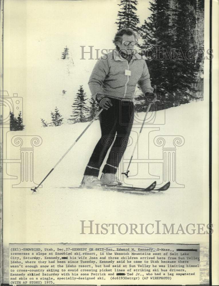 1975 Press Photo Senator Edward Kennedy on the slopes at Snowbird Ski Resort