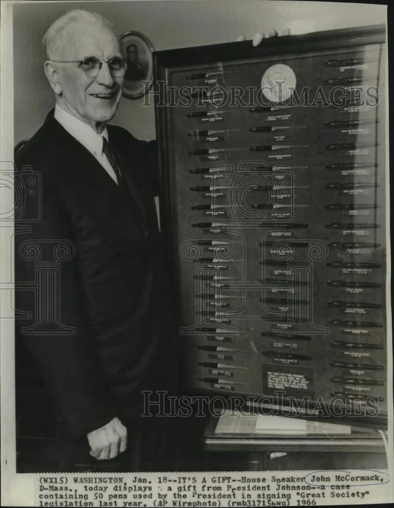 1966 Press Photo House Speaker John McCormick displays gift of pens from Johnson