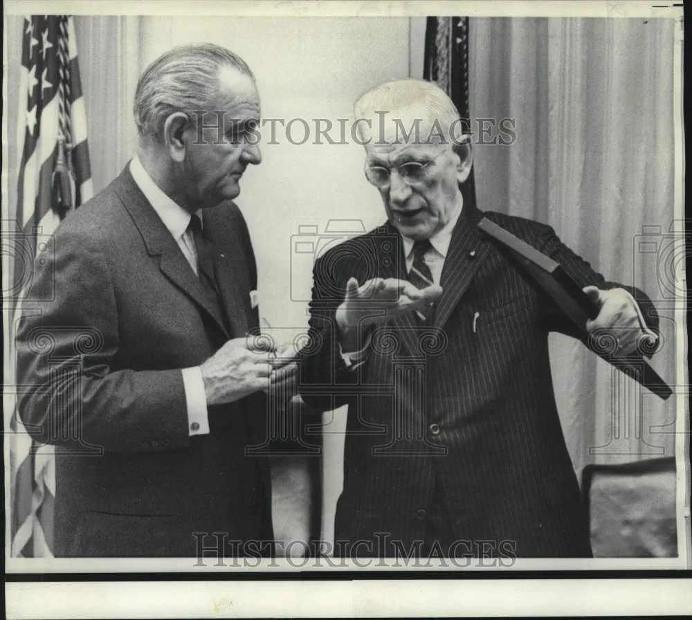 1968 Press Photo House Speaker McCormack gestures while talking with Johnson