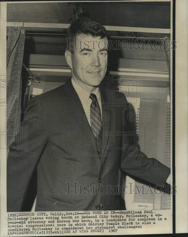 1967 Press Photo Republican Paul McCloskey leaves Redwood City voting booth