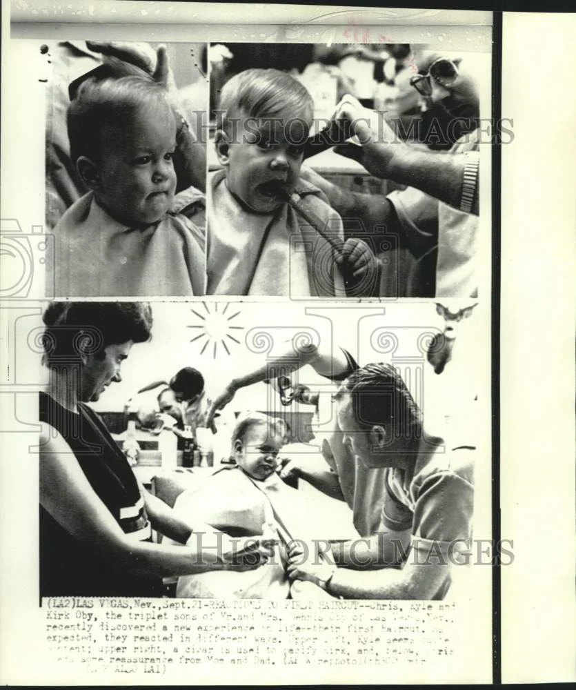 1971 Press Photo Nevada Oby triplets, Chris, Kyle and Kirk react to haircuts