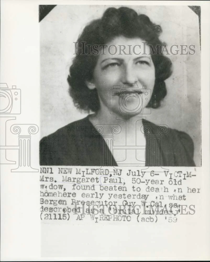 1959 Press Photo Margaret Paul of New Milford, New Jersey found beaten to death.