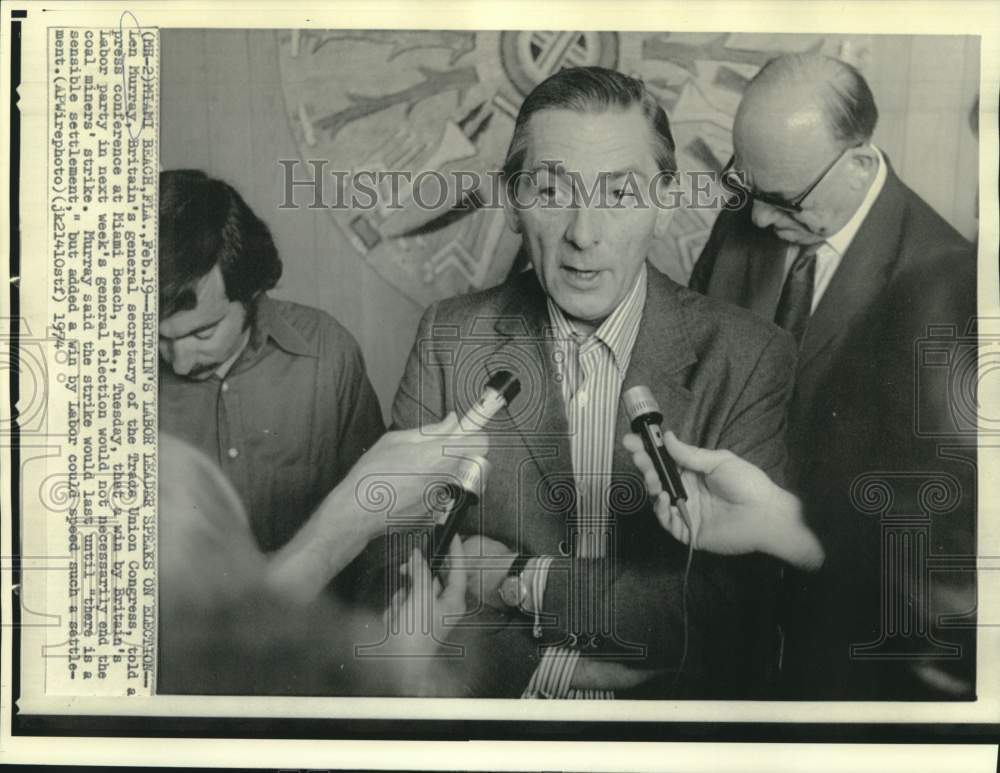1974 Press Photo Britain's Labor leader Len Murray speaks on Britain's election