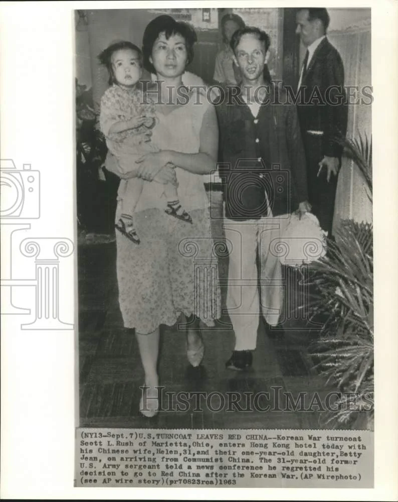 1963 Press Photo Scott Rush and family arrive Hong Kong hotel from Red China