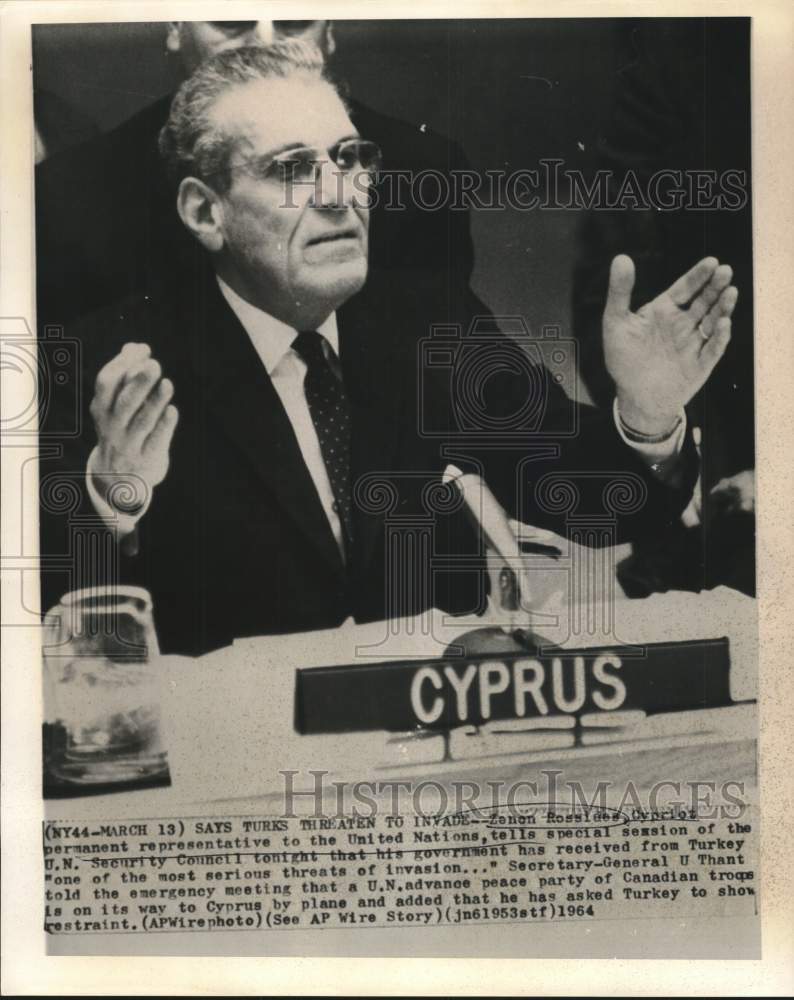 1964 Press Photo Cyprus' Zenon Rossides speaks at UN special session - now39190