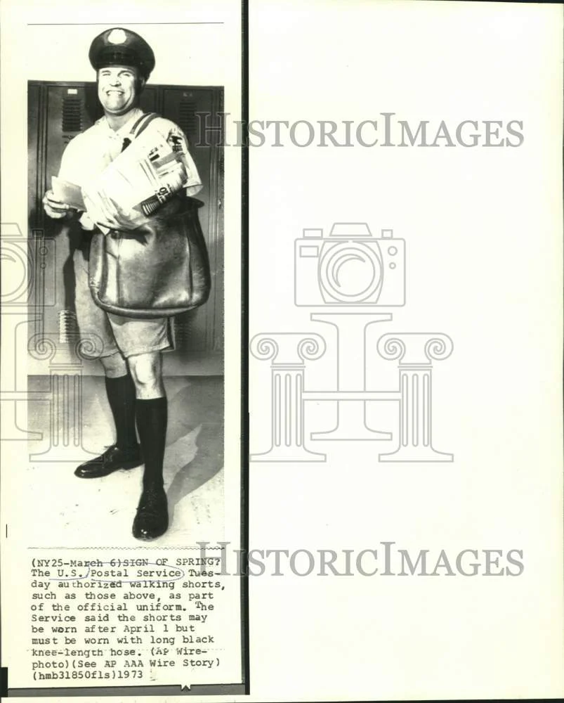 1973 Press Photo U.S. Postal Service new uniform, walking shorts and long socks