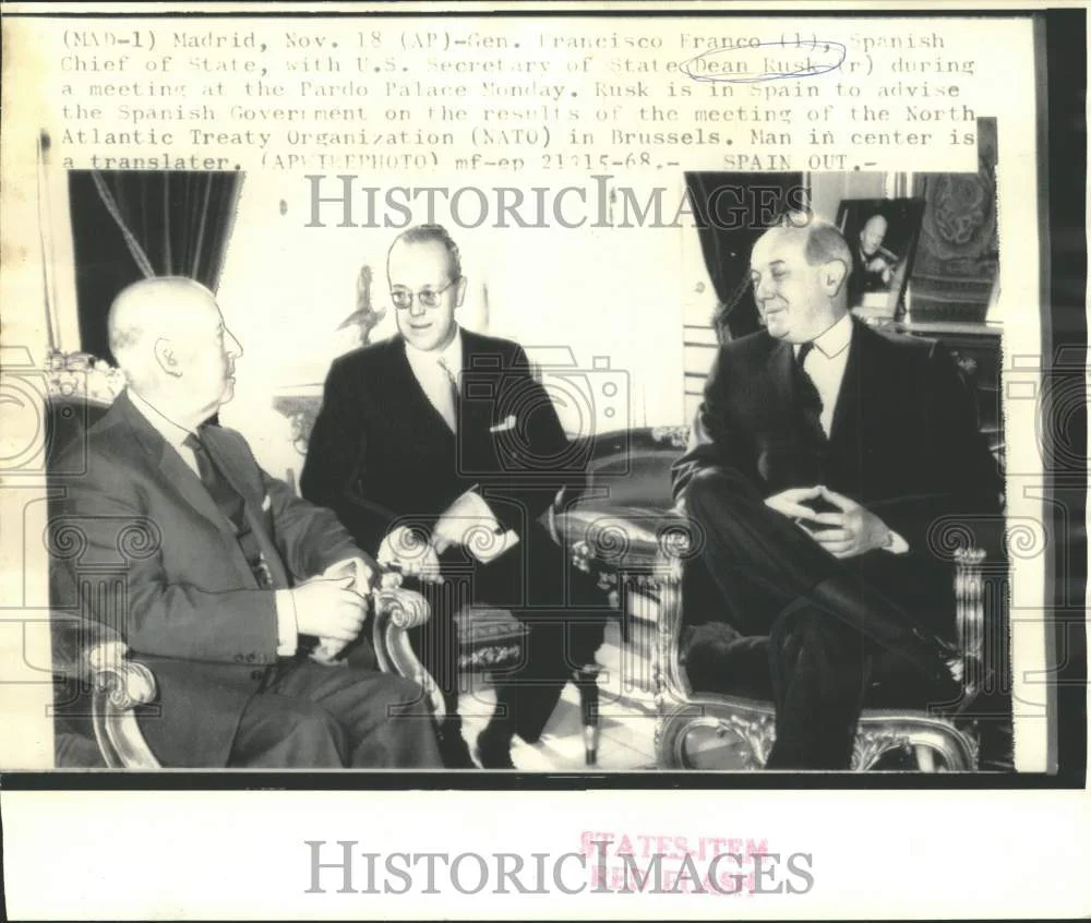 1968 Press Photo Gen. Francisco Franco & Sec. Dean Rusk confer in Madrid, Spain