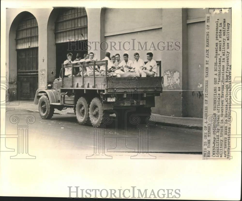1964 Press Photo Russian Technicians in Military Truck, Havana, Cuba - now40236