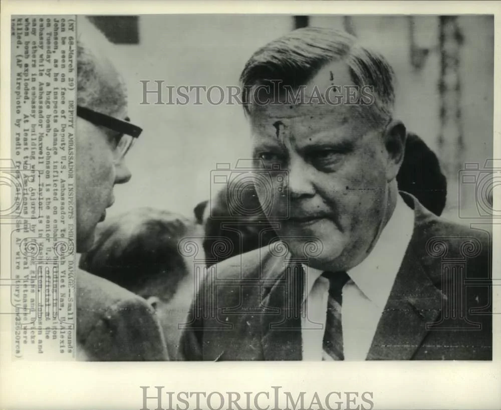 1965 Press Photo U.S. Ambassador Johnson inspects embassy damage, Vietnam