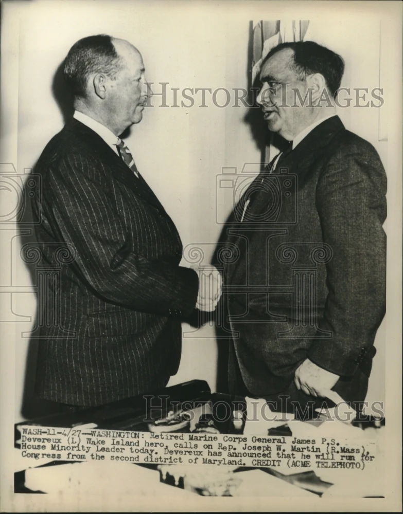1950 Press Photo General James P.S. Devereux & Joseph W. Martin, shake hands
