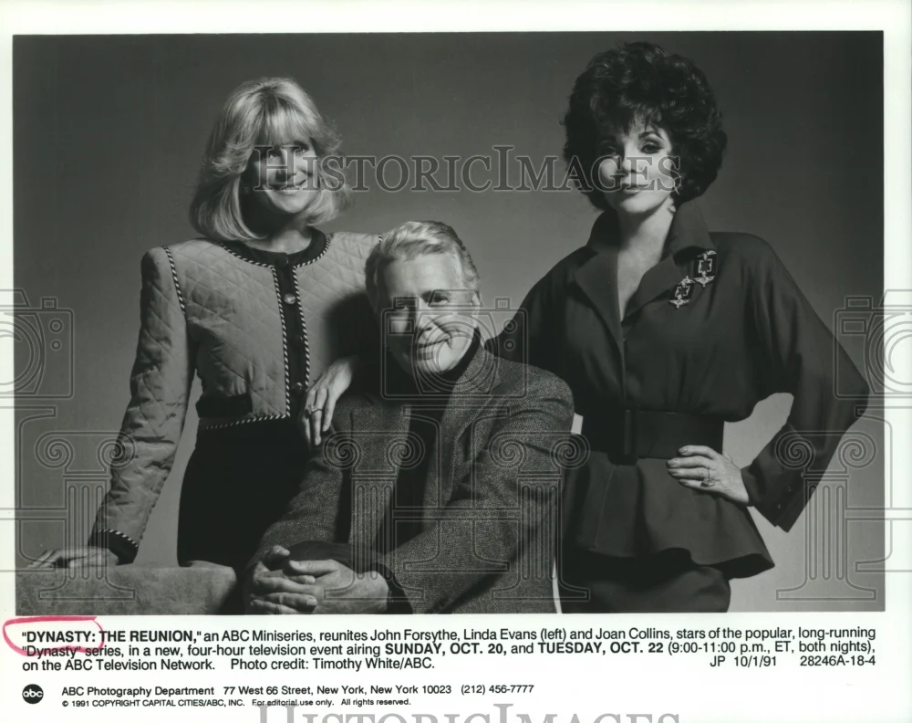 1991 Press Photo Forsyth, Linda Evans & Joan Collins in "Dynasty, the Reunion."