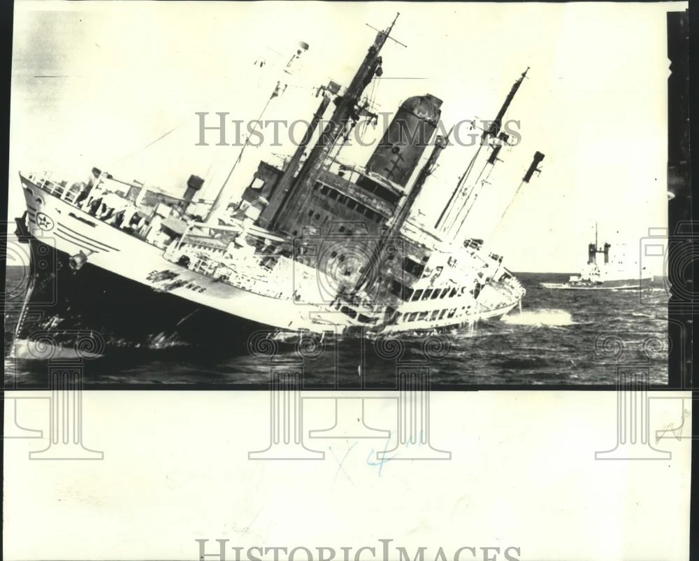 1973 Press Photo Greek freighter Eurygenes wallows in calm sea in Halifax