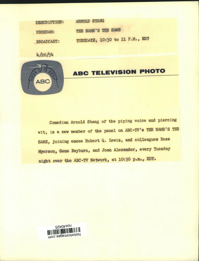 1954 Press Photo Comedian Arnold Stang on ABC-TV's "The Name's The Same." - Image 2